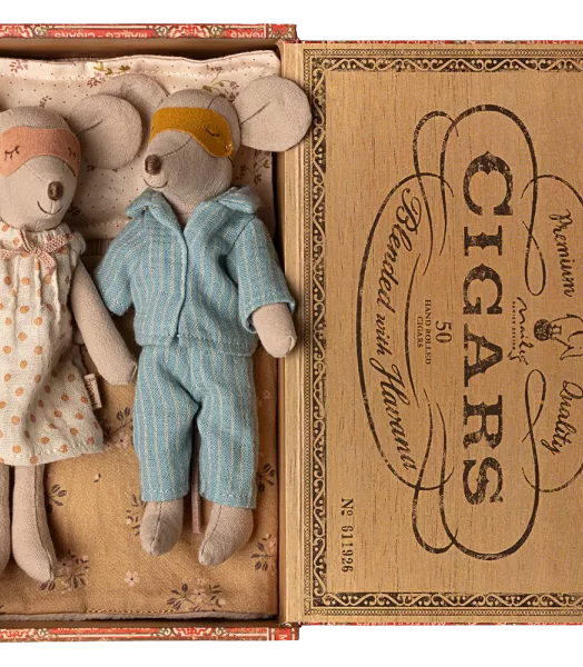 Souris maman et papa dans leur boite à cigares